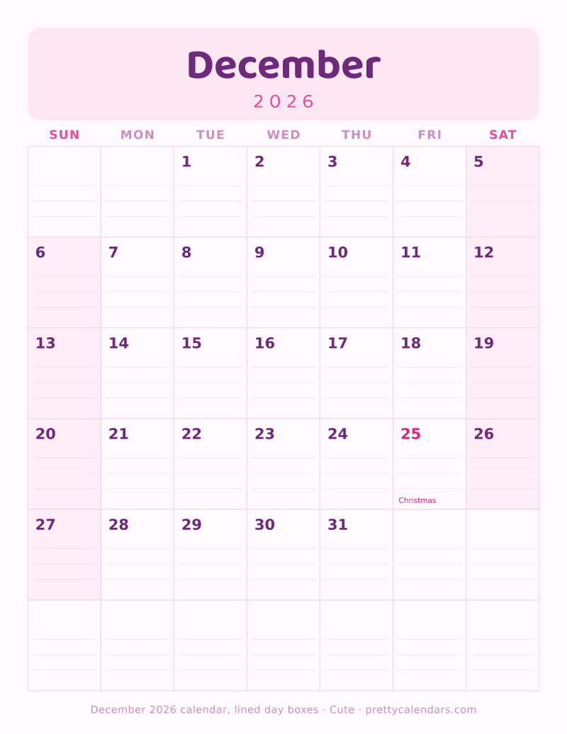 Printable December 2026 calendar with ruled writing lines inside every day box, Cute style