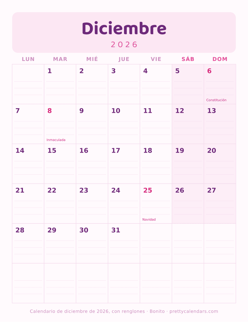 Calendario de Diciembre 2026 para imprimir con renglones dentro de cada casilla del día, estilo Bonito