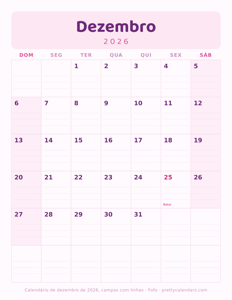 Calendário de Dezembro de 2026 para imprimir com linhas para escrever, estilo Fofo