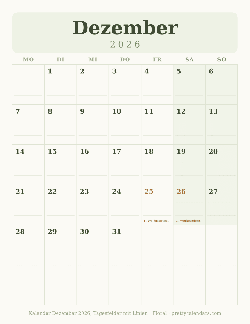 Druckbarer Kalender Dezember 2026 mit Schreiblinien, Design Floral