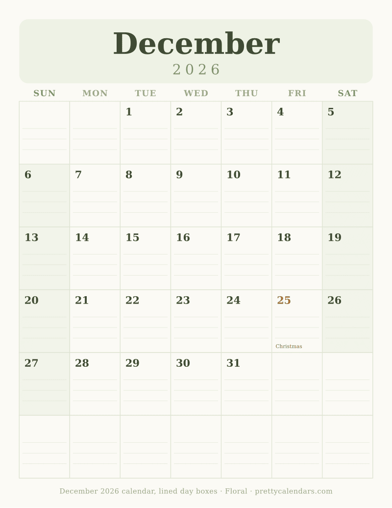 Printable December 2026 calendar with ruled writing lines inside every day box, Floral style
