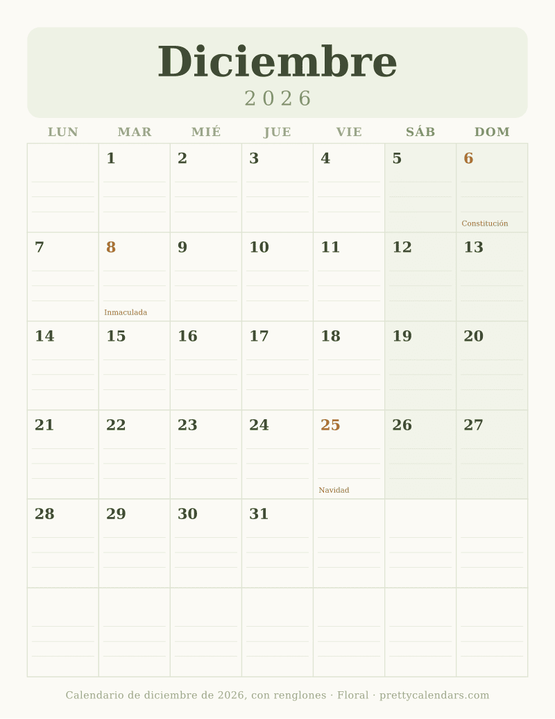 Calendario de Diciembre 2026 para imprimir con renglones dentro de cada casilla del día, estilo Floral