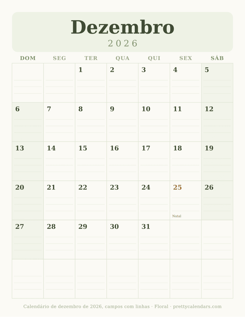Calendário de Dezembro de 2026 para imprimir com linhas para escrever, estilo Floral