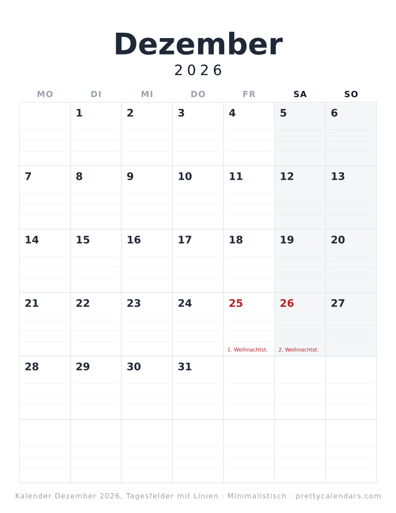 Druckbarer Kalender Dezember 2026 mit Schreiblinien, Design Minimalistisch