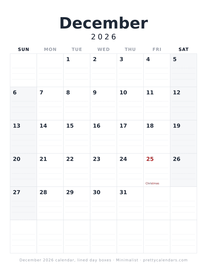 Printable December 2026 calendar with ruled writing lines inside every day box, Minimalist style