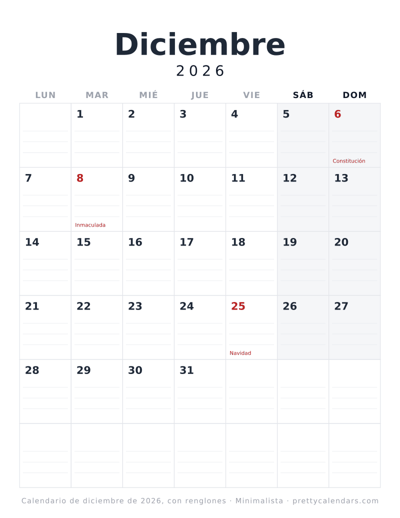 Calendario de Diciembre 2026 para imprimir con renglones dentro de cada casilla del día, estilo Minimalista