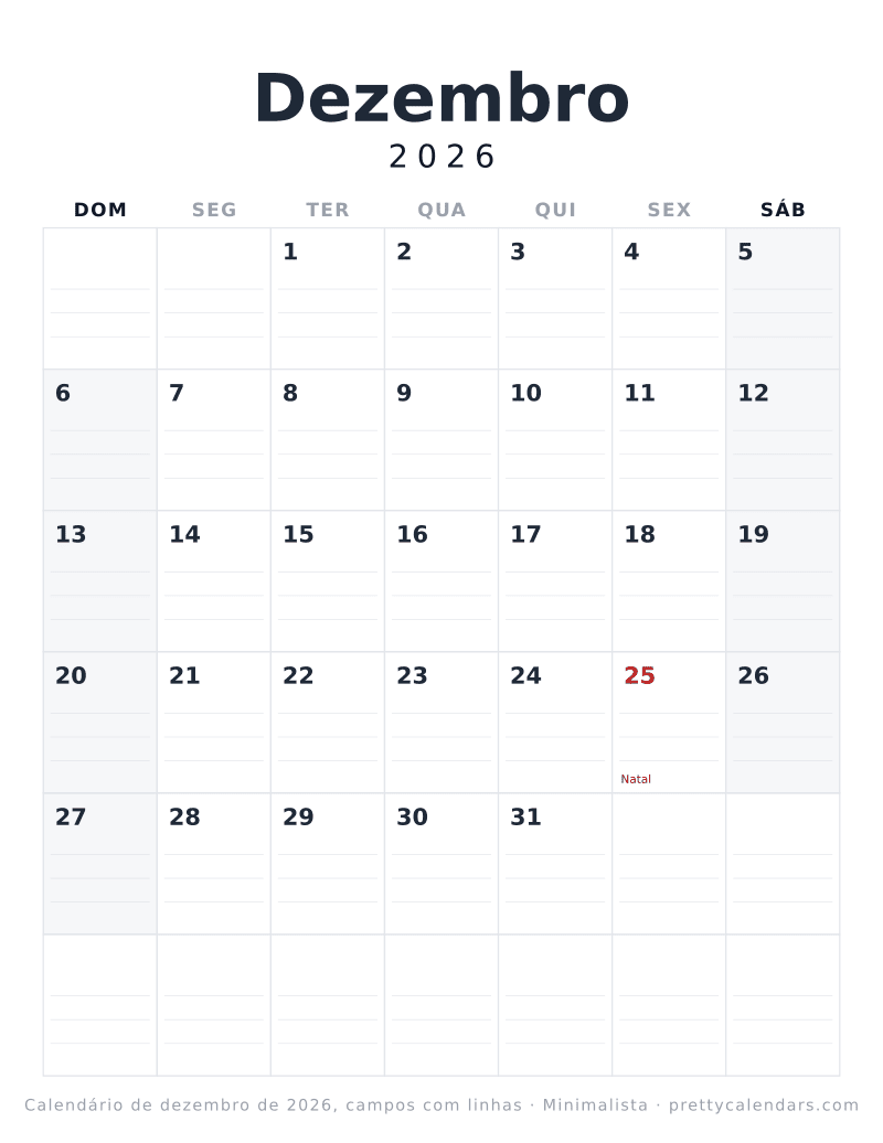 Calendário de Dezembro de 2026 para imprimir com linhas para escrever, estilo Minimalista