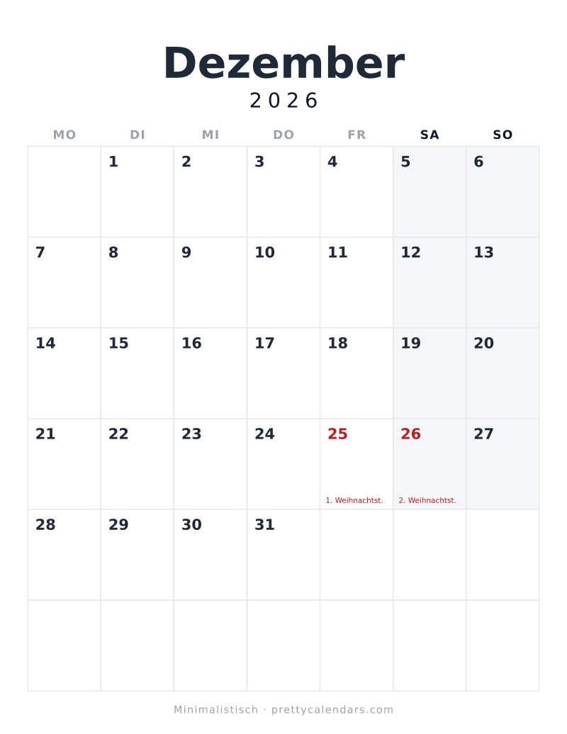 Druckbarer Kalender Dezember 2026, Design Minimalistisch