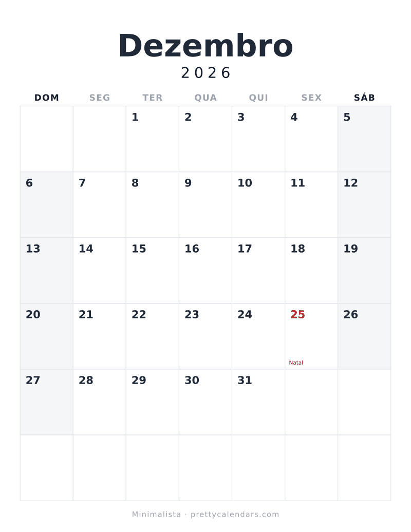 Calendário de Dezembro de 2026 para imprimir, estilo Minimalista