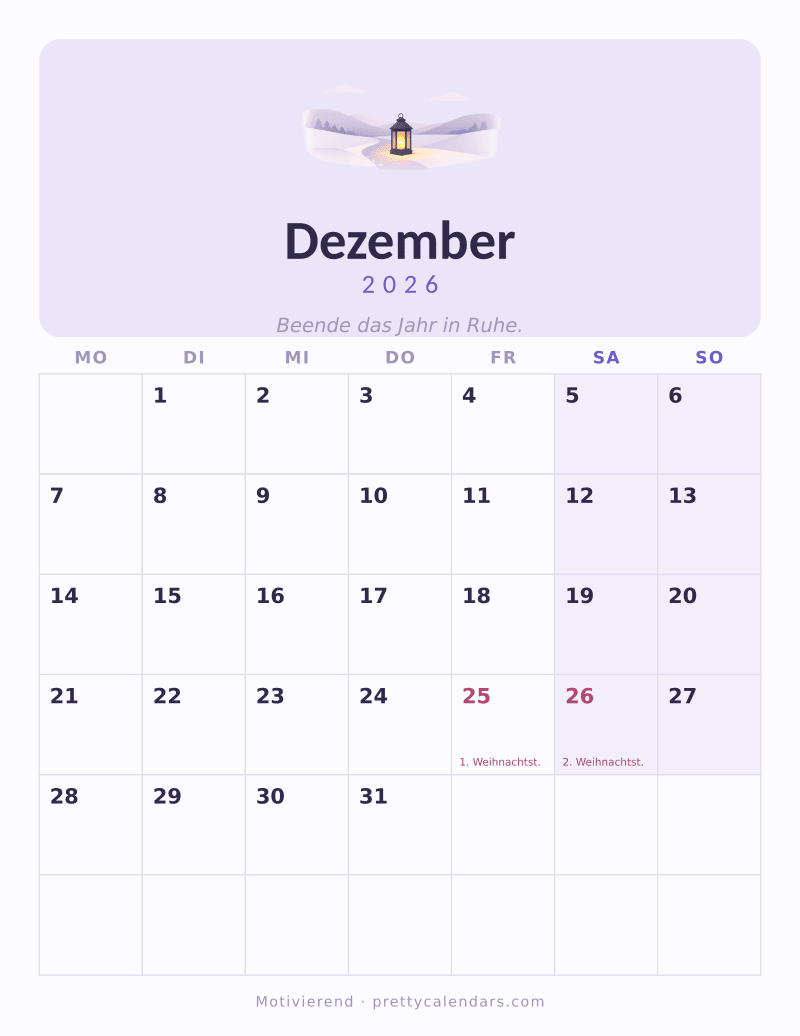 Druckbarer Kalender Dezember 2026, Design Motivierend