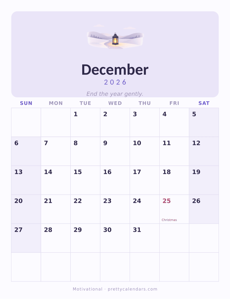 December 2026 printable calendar, Motivational style