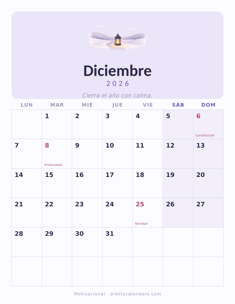 Calendario de Diciembre 2026 para imprimir, estilo Motivacional