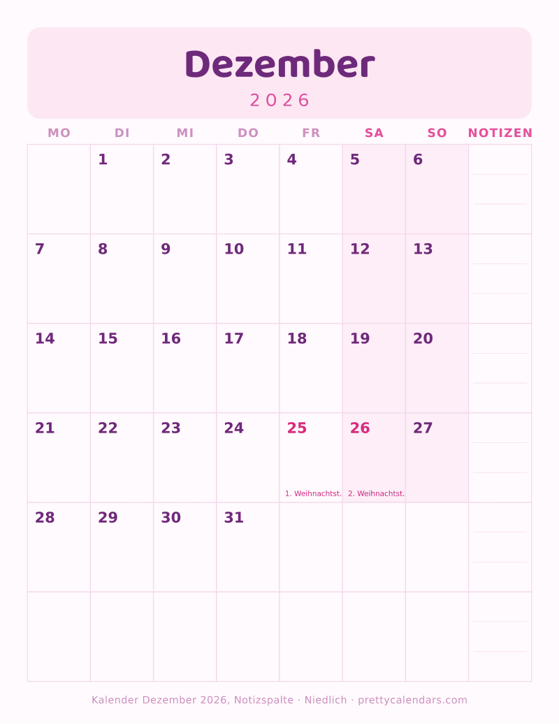 Druckbarer Kalender Dezember 2026 mit Notizspalte, Design Niedlich