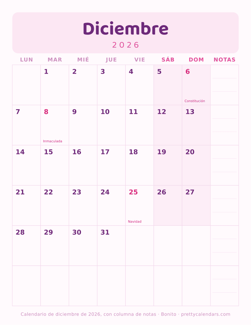 Calendario de Diciembre 2026 para imprimir con siete columnas de días y una columna de notas de la semana, estilo Bonito