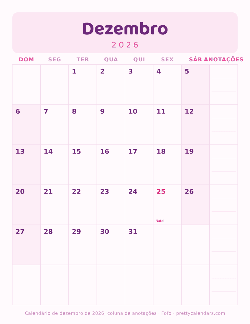 Calendário de Dezembro de 2026 para imprimir com coluna de anotações, estilo Fofo