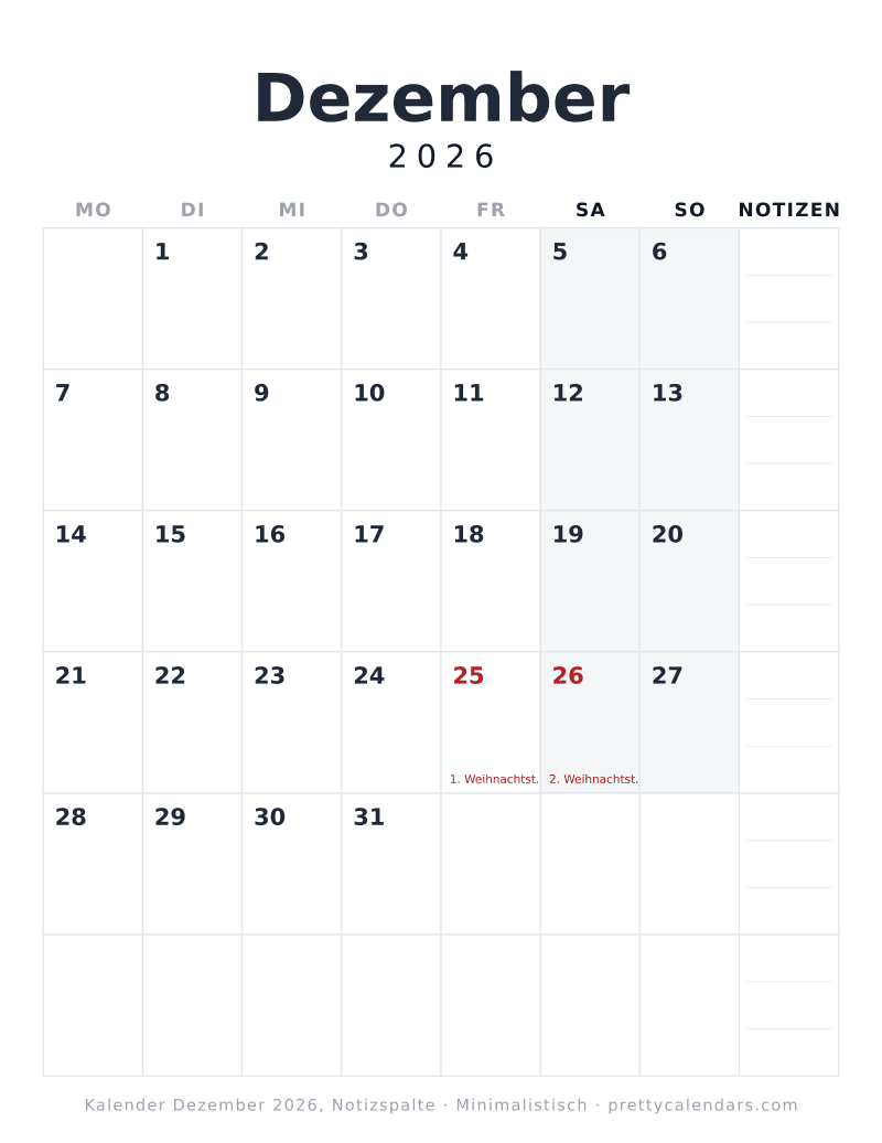 Druckbarer Kalender Dezember 2026 mit Notizspalte, Design Minimalistisch