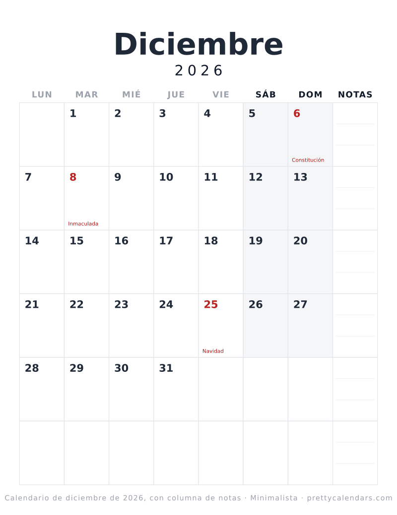Calendario de Diciembre 2026 para imprimir con siete columnas de días y una columna de notas de la semana, estilo Minimalista