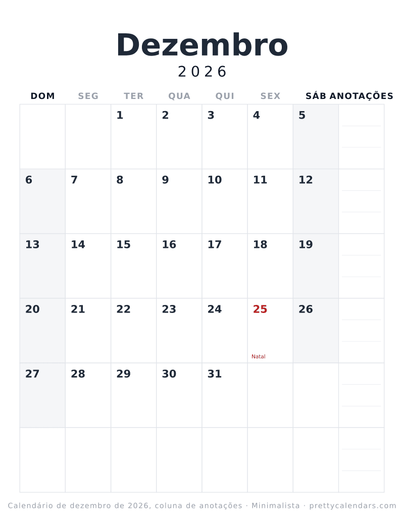 Calendário de Dezembro de 2026 para imprimir com coluna de anotações, estilo Minimalista
