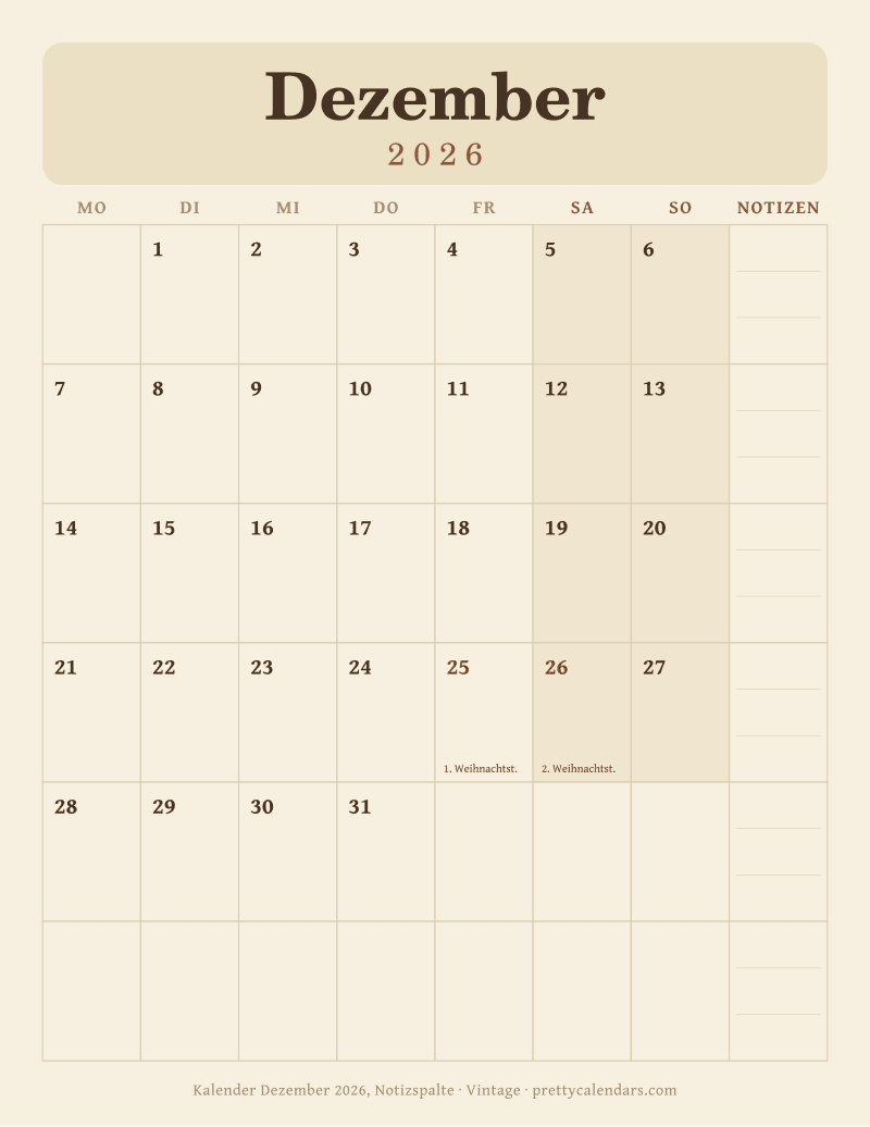 Druckbarer Kalender Dezember 2026 mit Notizspalte, Design Vintage