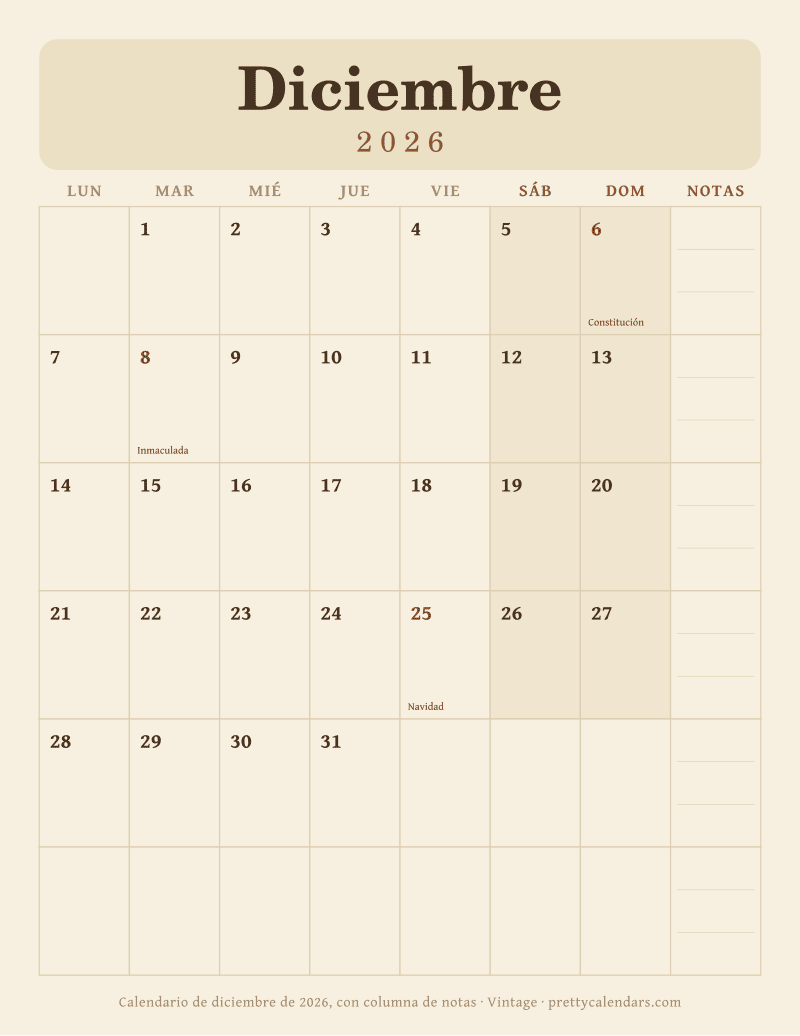 Calendario de Diciembre 2026 para imprimir con siete columnas de días y una columna de notas de la semana, estilo Vintage