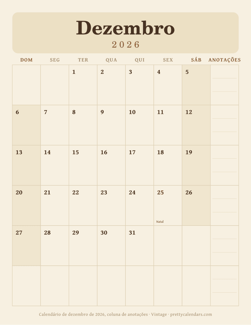 Calendário de Dezembro de 2026 para imprimir com coluna de anotações, estilo Vintage