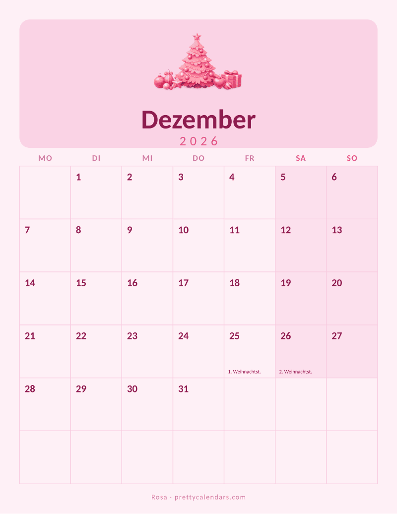 Druckbarer Kalender Dezember 2026, Design Rosa