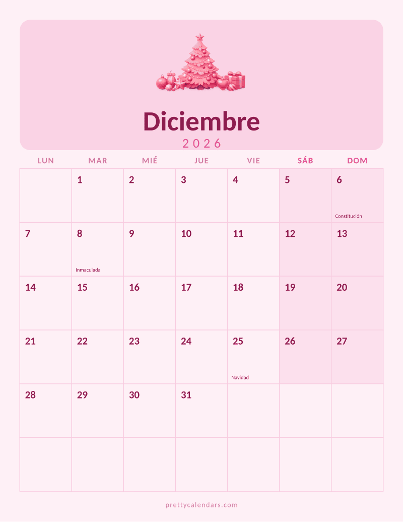 Calendario de Diciembre 2026 para imprimir, estilo Rosa