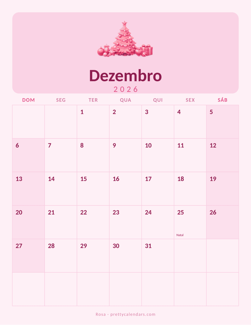 Calendário de Dezembro de 2026 para imprimir, estilo Rosa