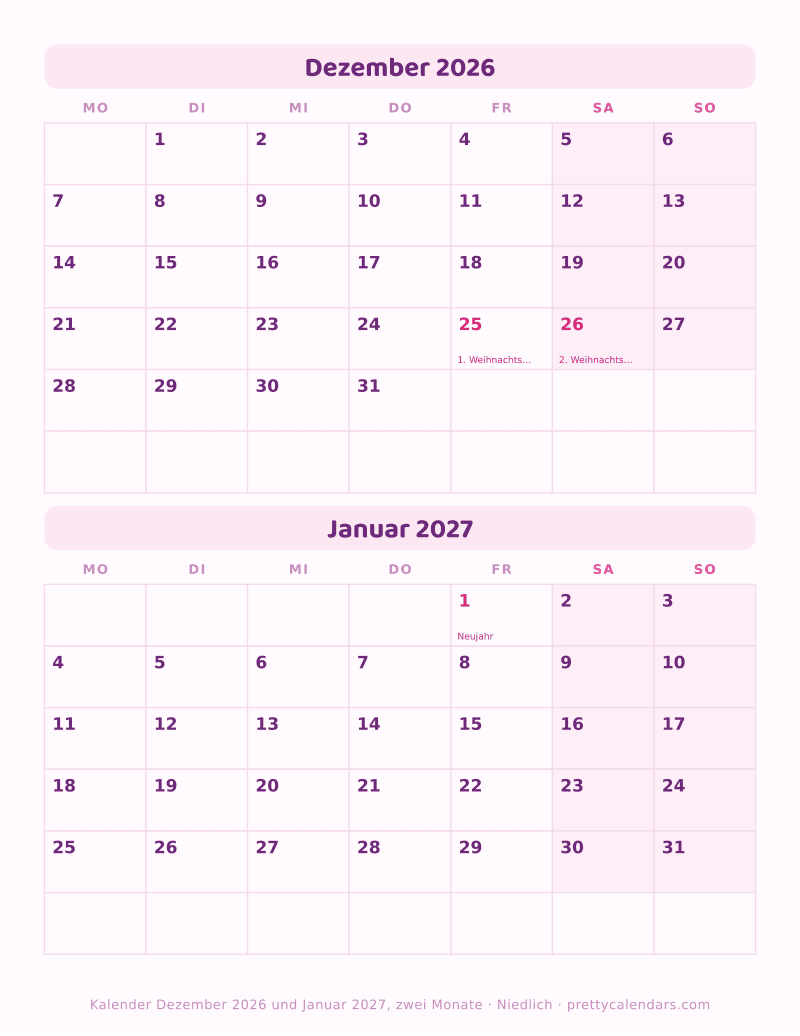 Druckbarer Kalender mit Dezember 2026 und Januar 2027 auf einer Seite, Design Niedlich