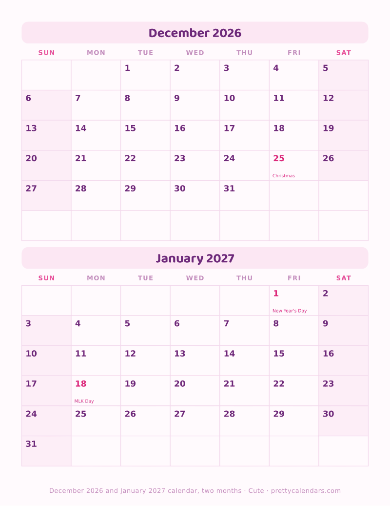 Printable calendar with December 2026 and January 2027 dated on the same page, Cute style