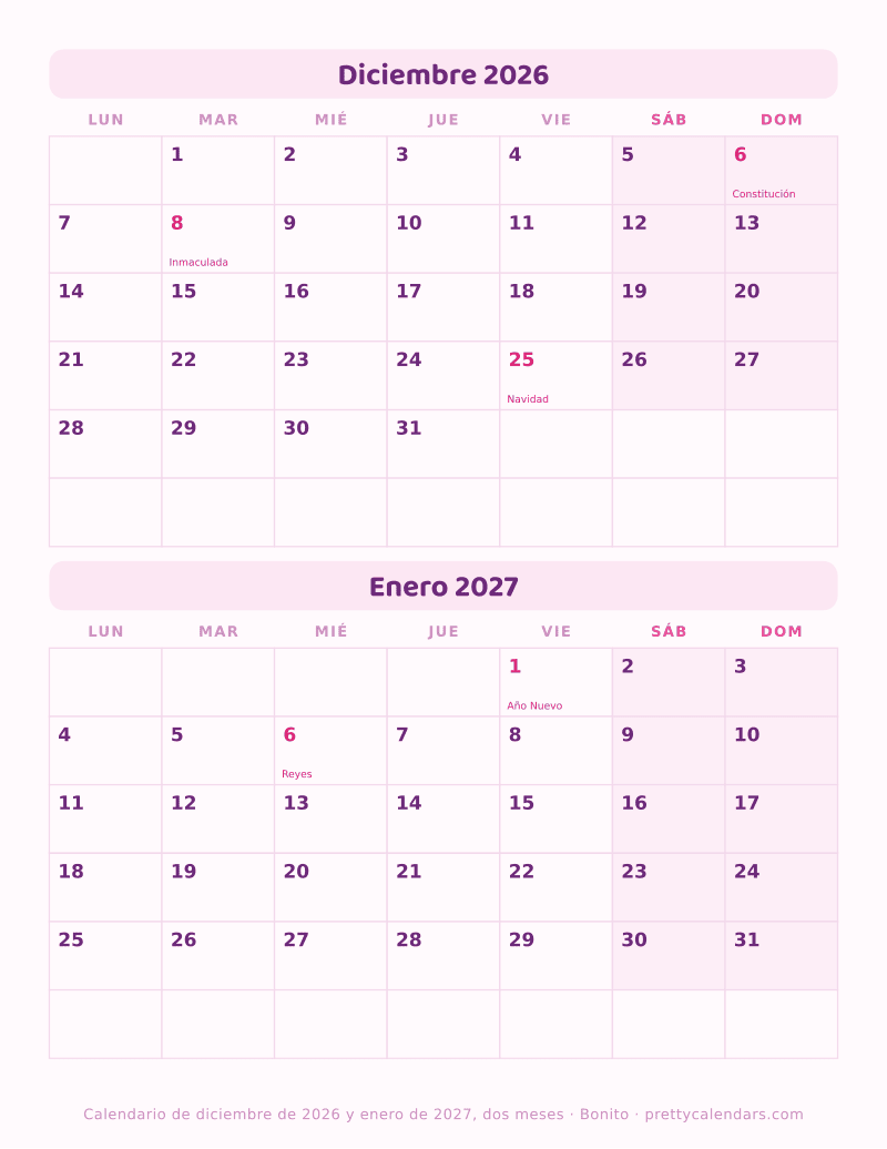 Calendario para imprimir con Diciembre 2026 y Enero 2027 fechados en la misma hoja, estilo Bonito