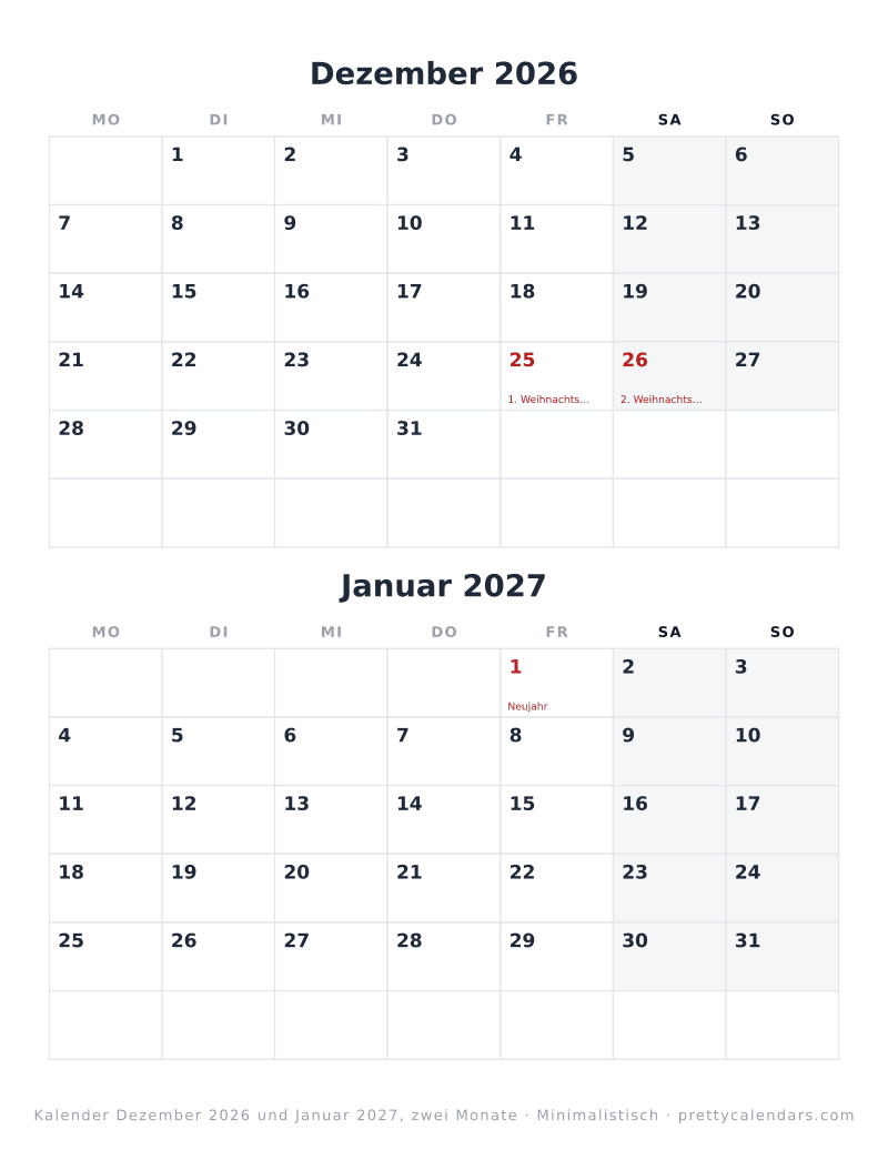 Druckbarer Kalender mit Dezember 2026 und Januar 2027 auf einer Seite, Design Minimalistisch