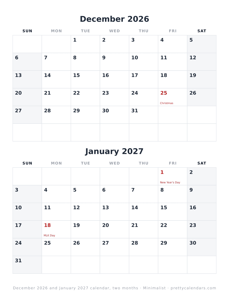Printable calendar with December 2026 and January 2027 dated on the same page, Minimalist style