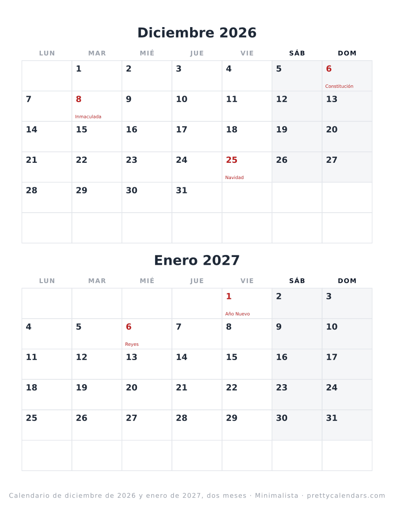 Calendario para imprimir con Diciembre 2026 y Enero 2027 fechados en la misma hoja, estilo Minimalista