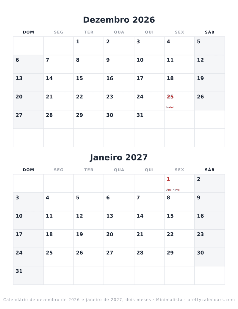 Calendário de Dezembro de 2026 e Janeiro de 2027 na mesma página, estilo Minimalista