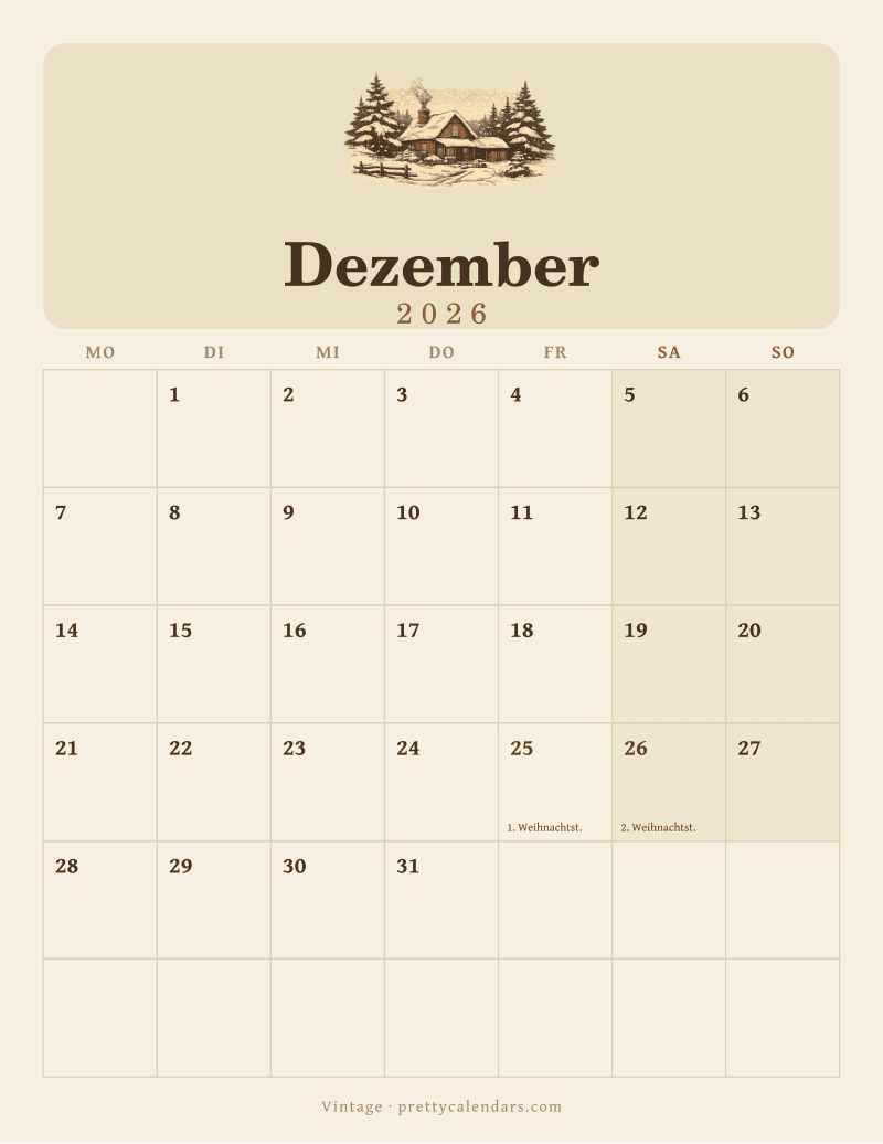 Druckbarer Kalender Dezember 2026, Design Vintage