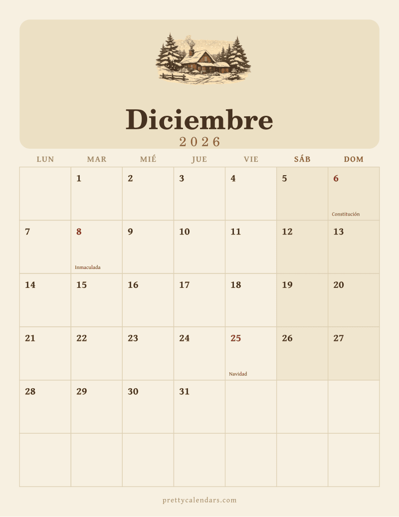 Calendario de Diciembre 2026 para imprimir, estilo Vintage