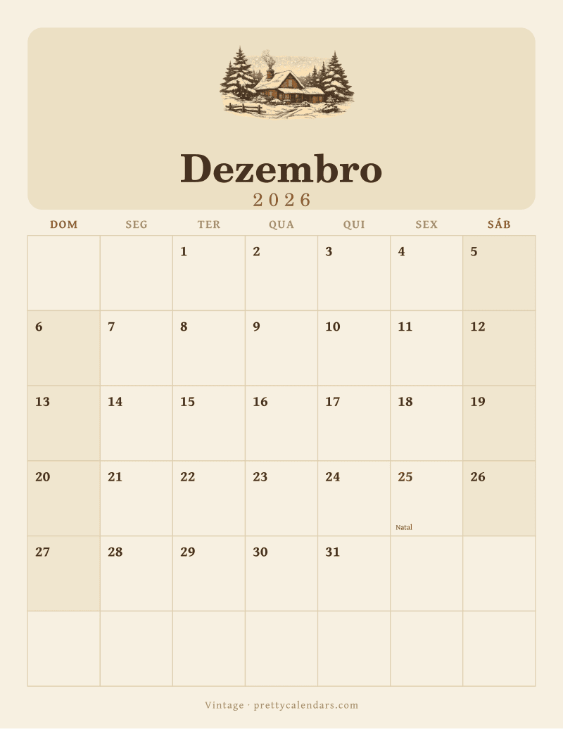 Calendário de Dezembro de 2026 para imprimir, estilo Vintage