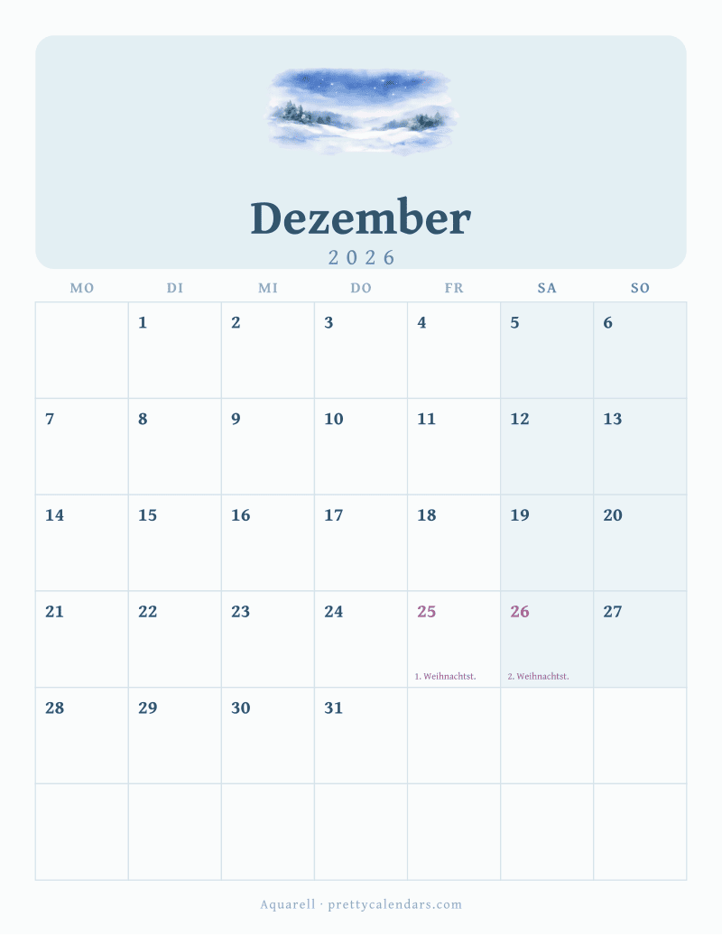 Druckbarer Kalender Dezember 2026, Design Aquarell