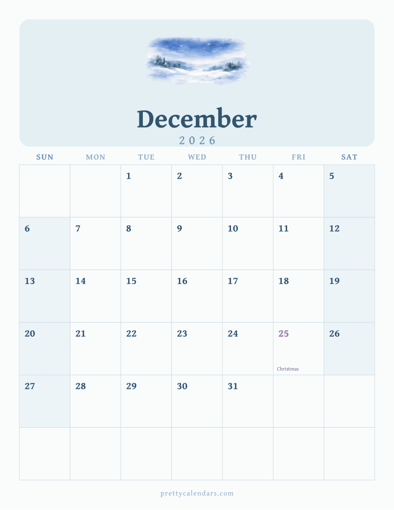 December 2026 printable calendar, Watercolor style