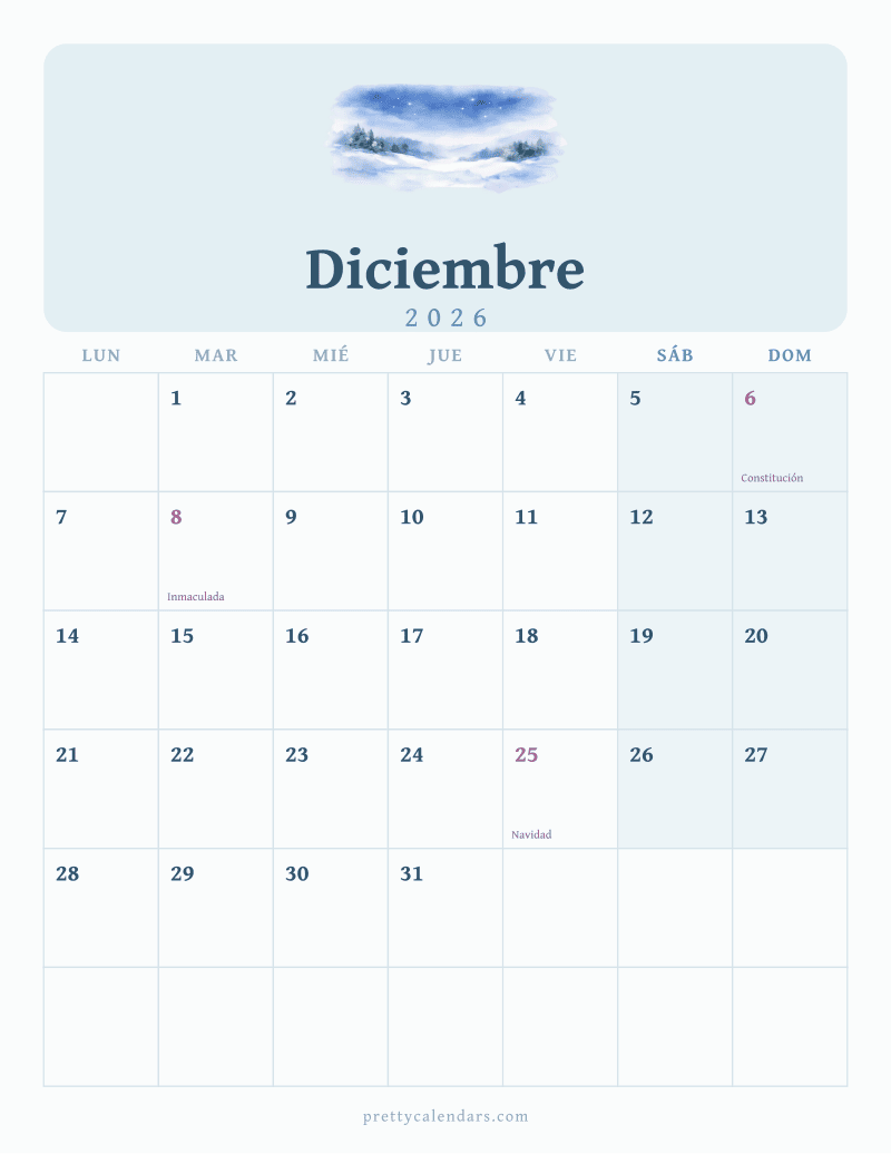 Calendario de Diciembre 2026 para imprimir, estilo Acuarela
