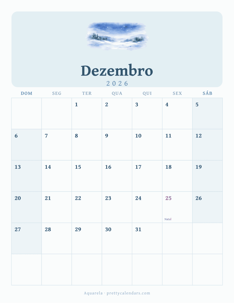 Calendário de Dezembro de 2026 para imprimir, estilo Aquarela