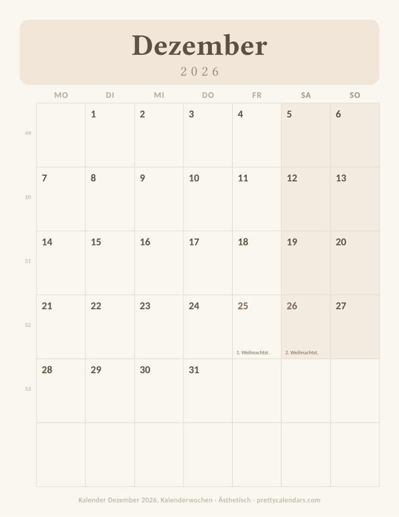 Druckbarer Kalender Dezember 2026 mit Kalenderwochen, Design Ästhetisch