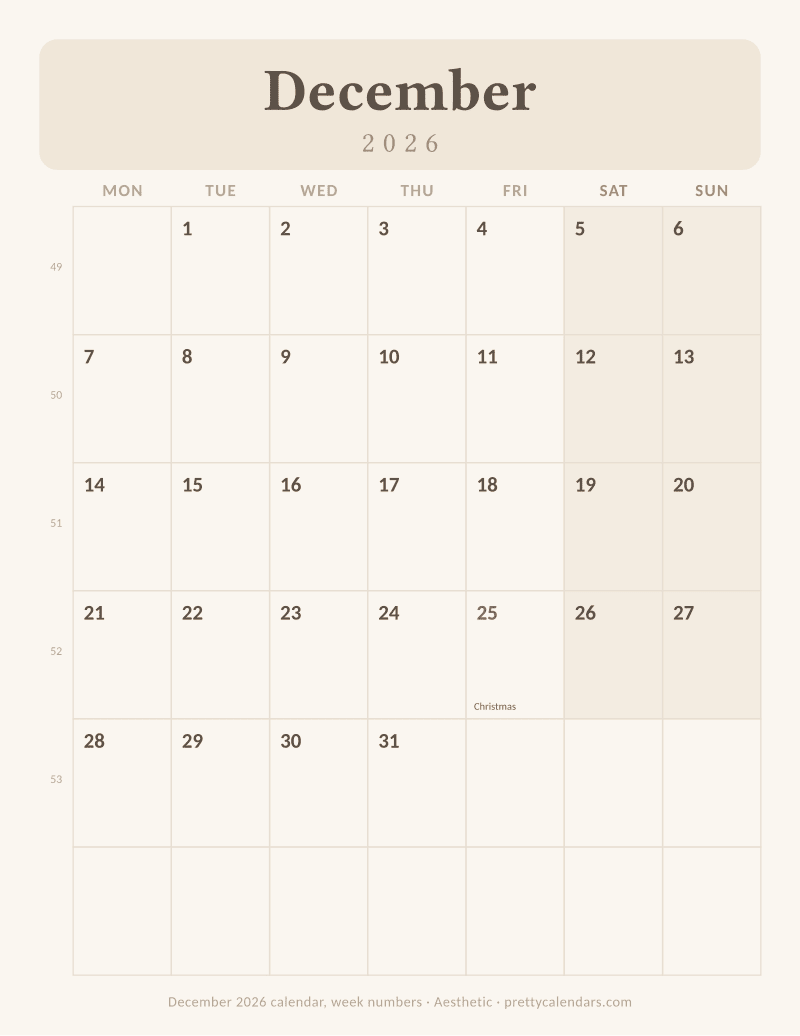 Printable December 2026 calendar with ISO week numbers and a Monday start, Aesthetic style