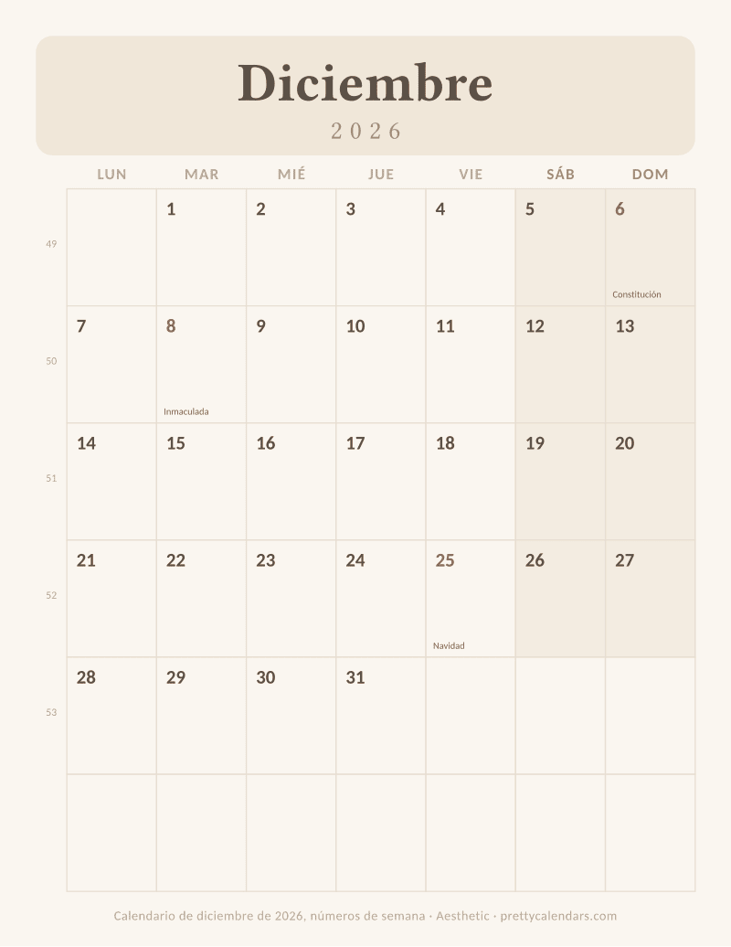 Calendario imprimible de Diciembre 2026 con números de semana e inicio en lunes, estilo Aesthetic