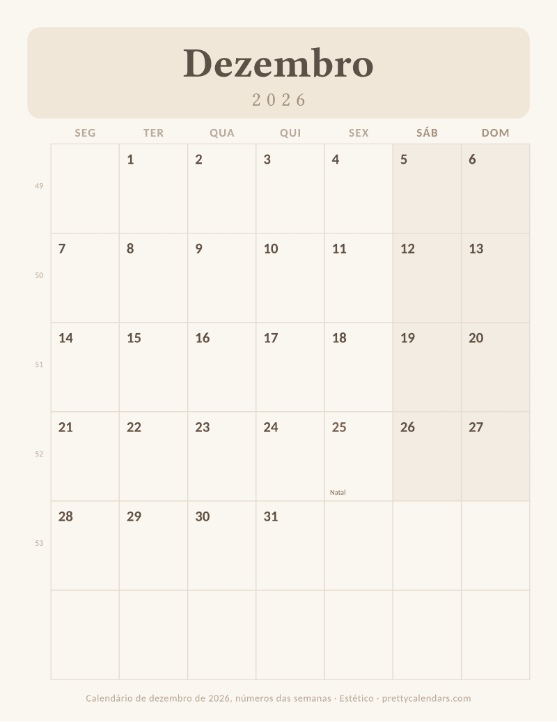 Calendário de Dezembro de 2026 para imprimir com números das semanas, estilo Estético
