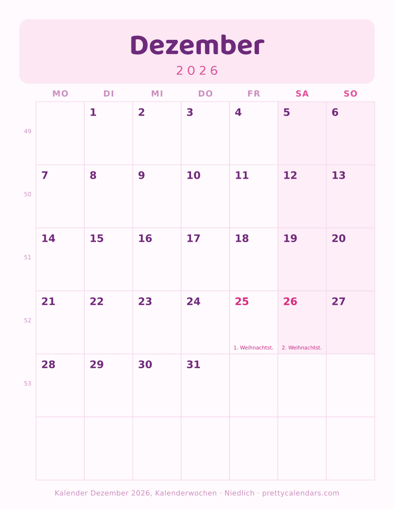 Druckbarer Kalender Dezember 2026 mit Kalenderwochen, Design Niedlich