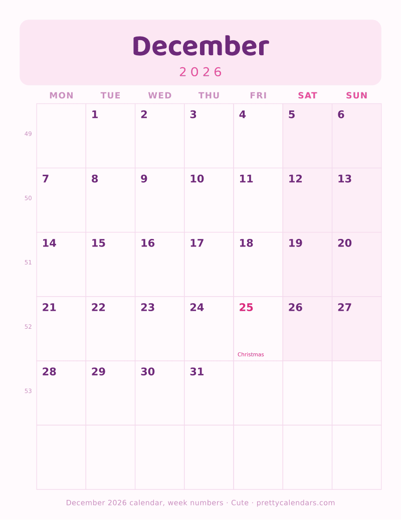 Printable December 2026 calendar with ISO week numbers and a Monday start, Cute style