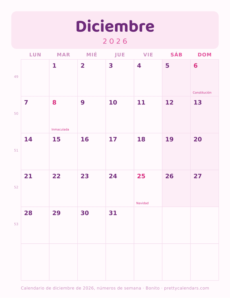 Calendario imprimible de Diciembre 2026 con números de semana e inicio en lunes, estilo Bonito