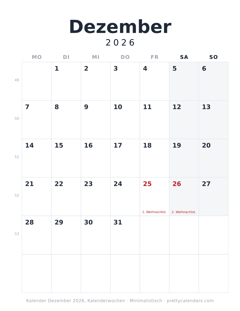 Druckbarer Kalender Dezember 2026 mit Kalenderwochen, Design Minimalistisch